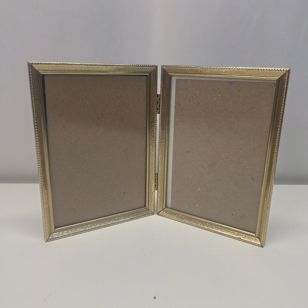 Vintage 80s Gold Tone Bi-fold Picture Frame Double 5x7" Glass Table Top